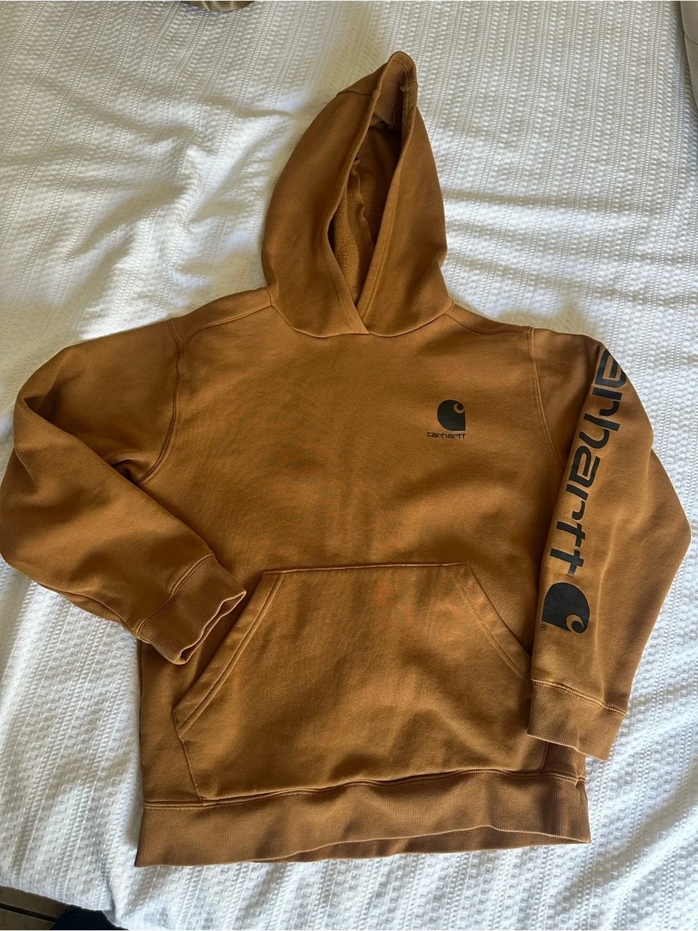 Carhartt Youth large 14/16 brown/copper pullover hoodie sleeve logo